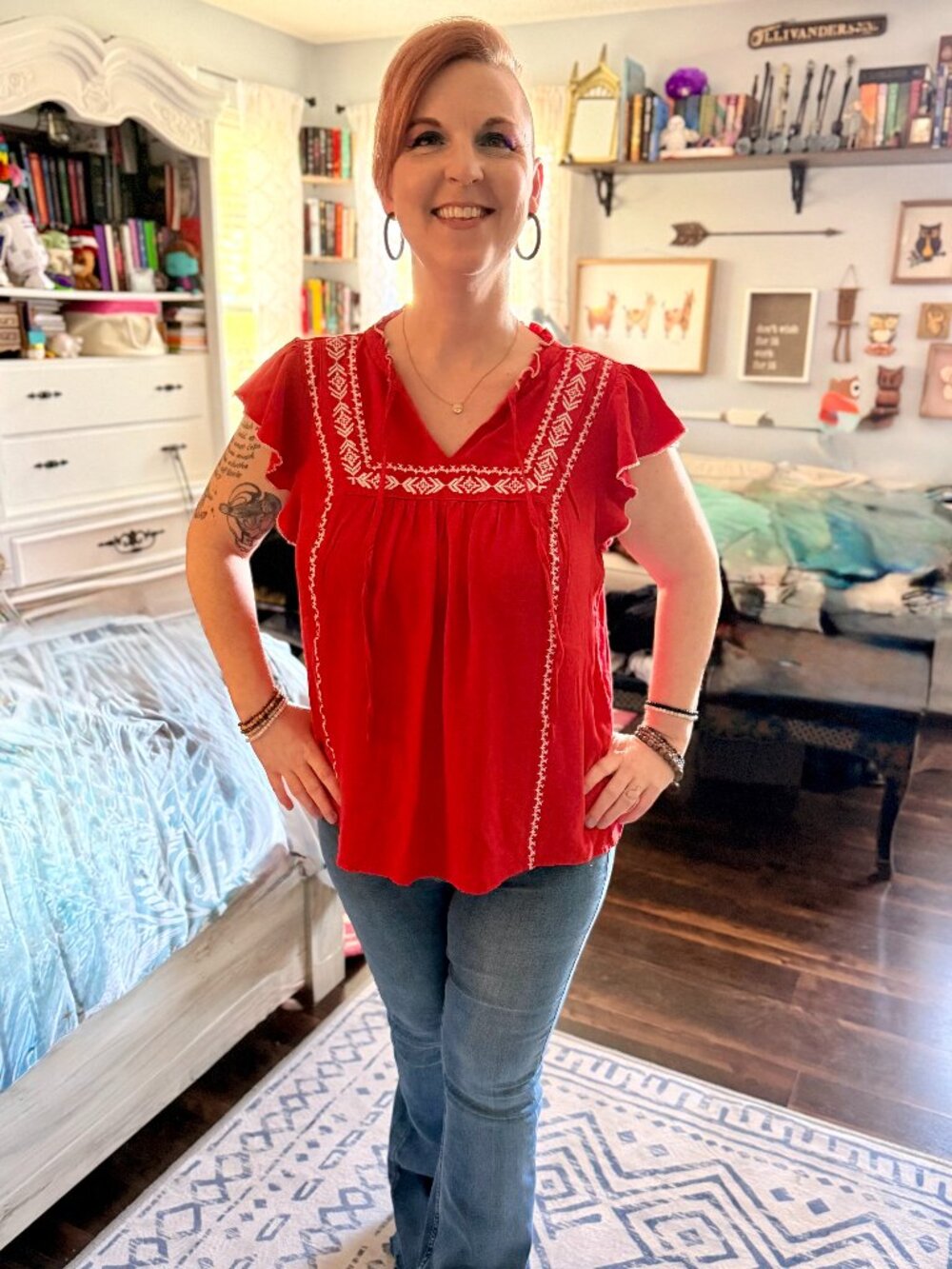 Indigo Rose Boho Peasant Top with Embroidery & Flutter Sleeves- Size 1X
